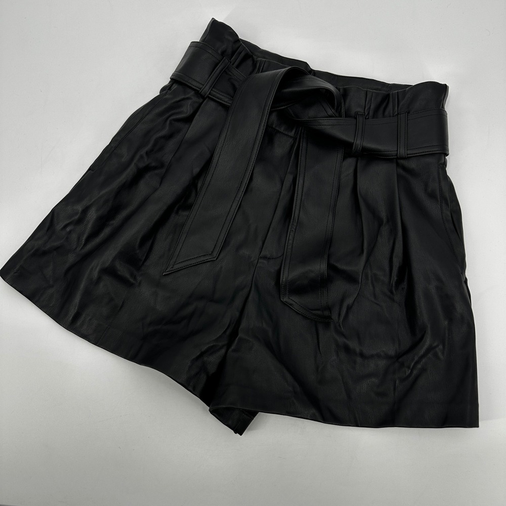 Zara Faux Leather Paperbag Shorts Black High Waisted Belted Size Medium NEW Goth